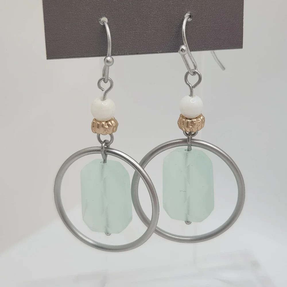 Bohemian Crystal Hoop Drop Earrings Mint Green Silver Gold Everyday Coastal